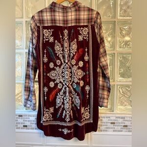 Johnny Was embroidered velvet backed plaid shirt, size Smalll (oversized)